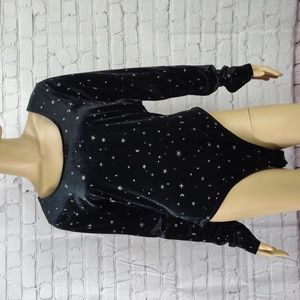 New Wild Fable XL Black Velure with sparkly moon and stars long sleeve bodysuit